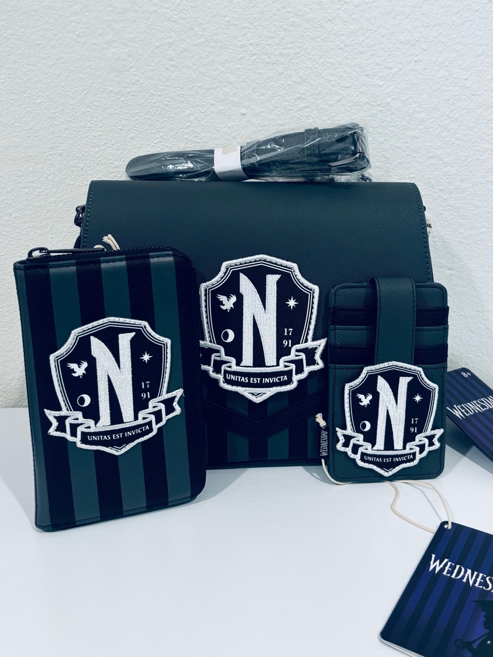 Wednesday Addams Themed Crossbody Bag, Wallet & Cardholder Set